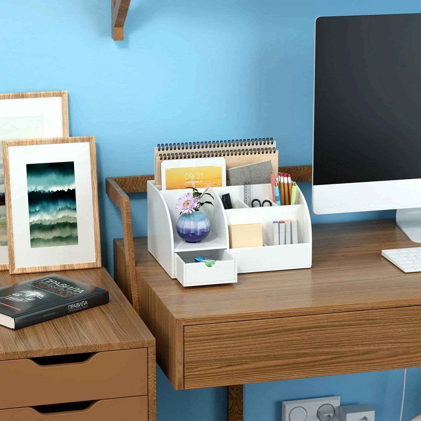 Desk Organizer Office Accessaries,Pen Organizer Storage with 8 Compartments +1 Drawer Desk, Fits for Pens, Scissors, Notepads & Office Supplies