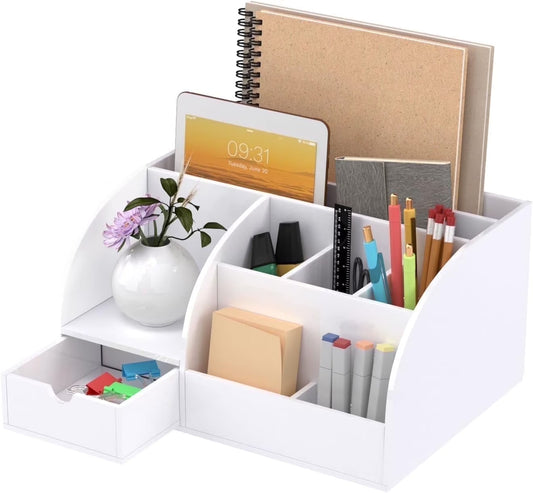 Desk Organizer Office Accessaries,Pen Organizer Storage with 8 Compartments +1 Drawer Desk, Fits for Pens, Scissors, Notepads & Office Supplies