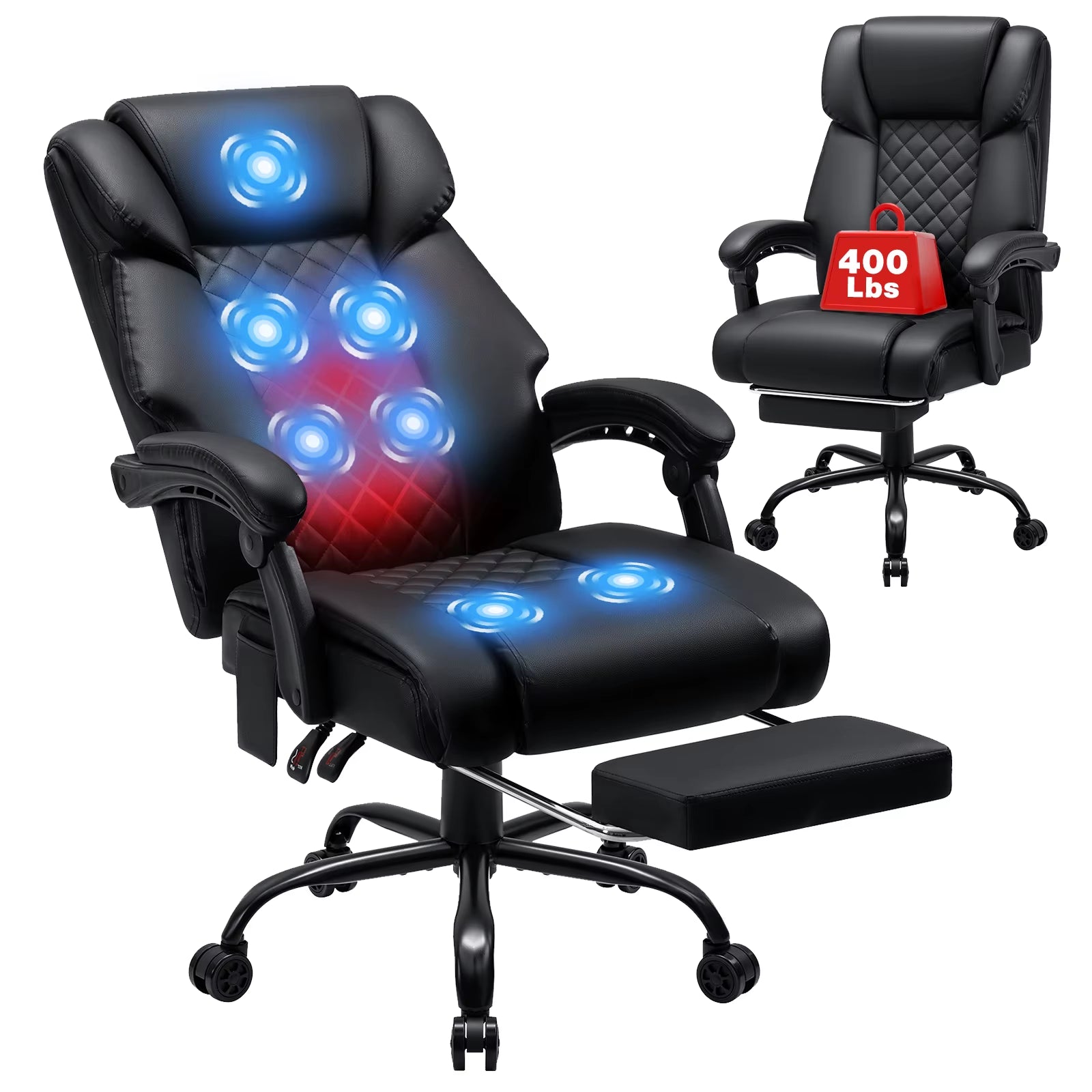 Black Massage Office Chair Foot Rest Heat 7 Points Vibration Ergonomic Executive Office Chair W/ Footrest Reclining Home Office