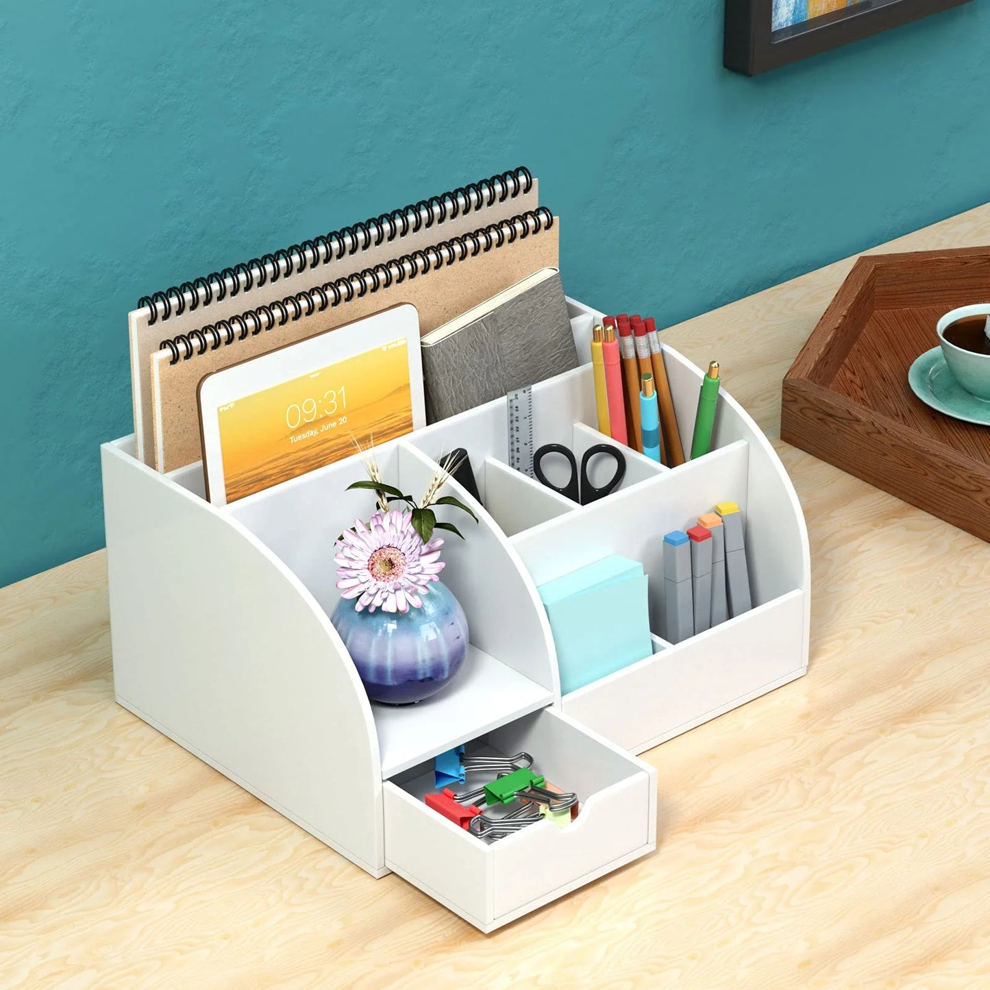 Desk Organizer Office Accessaries,Pen Organizer Storage with 8 Compartments +1 Drawer Desk, Fits for Pens, Scissors, Notepads & Office Supplies