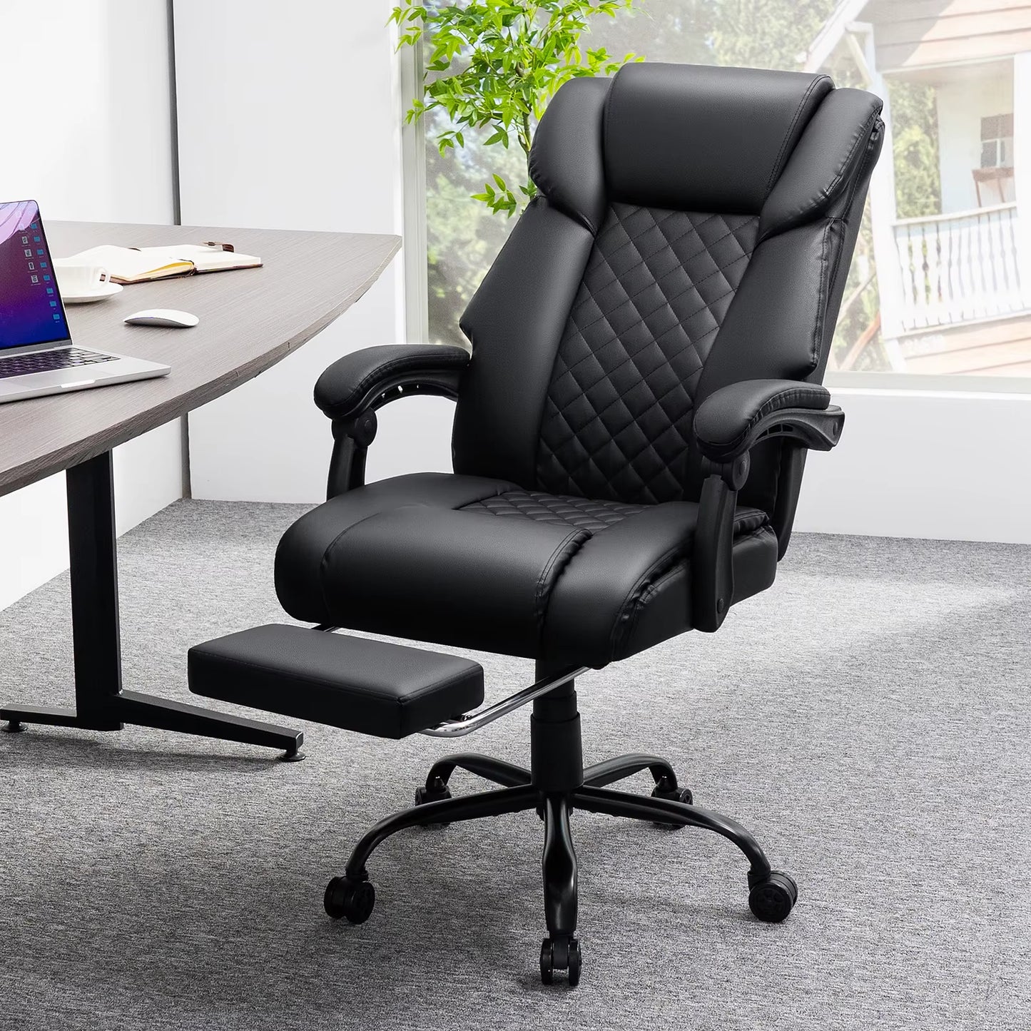 Black Massage Office Chair Foot Rest Heat 7 Points Vibration Ergonomic Executive Office Chair W/ Footrest Reclining Home Office