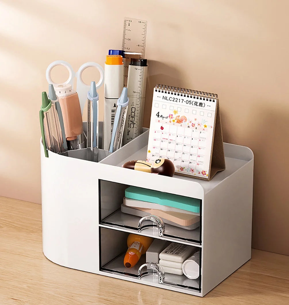 Office Desk Organizer with Drawer, Office Supplies and Desk Accessories,Pen Storage Box (White)