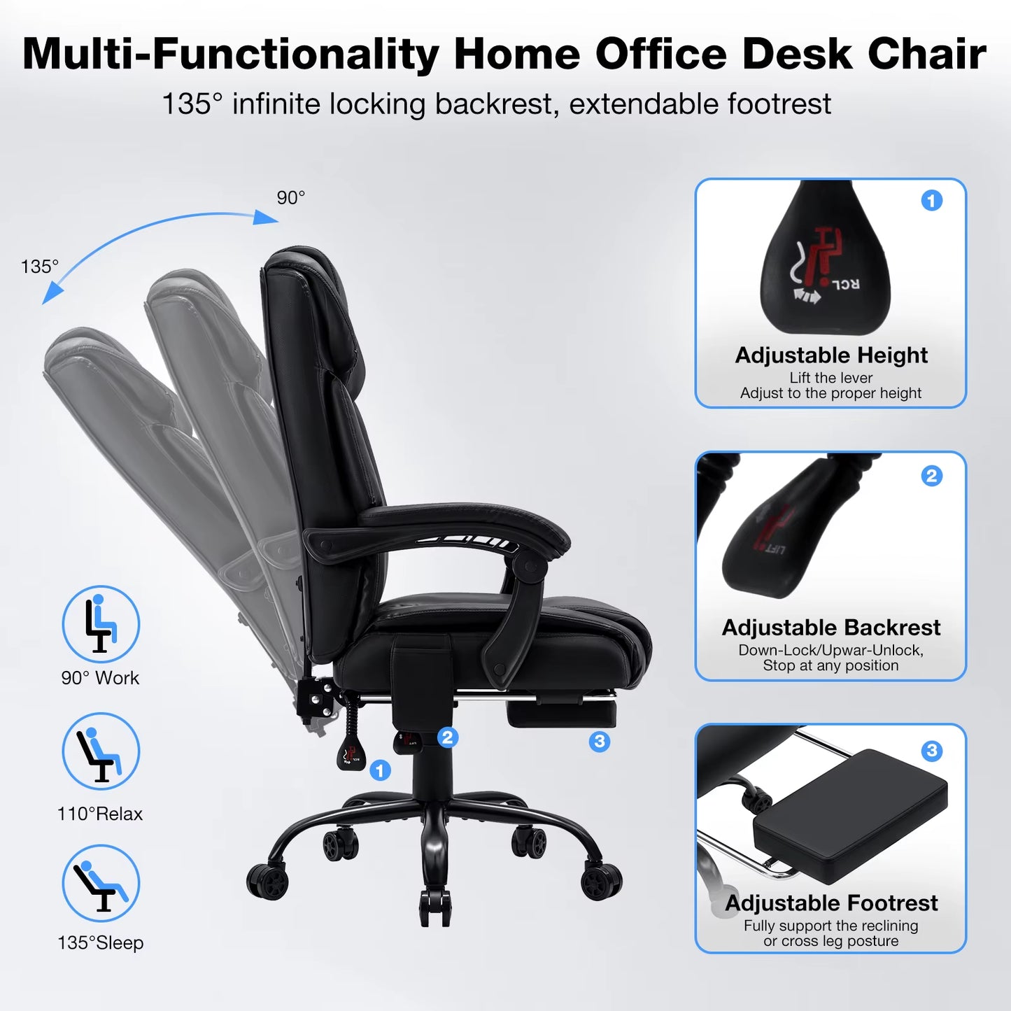 Black Massage Office Chair Foot Rest Heat 7 Points Vibration Ergonomic Executive Office Chair W/ Footrest Reclining Home Office